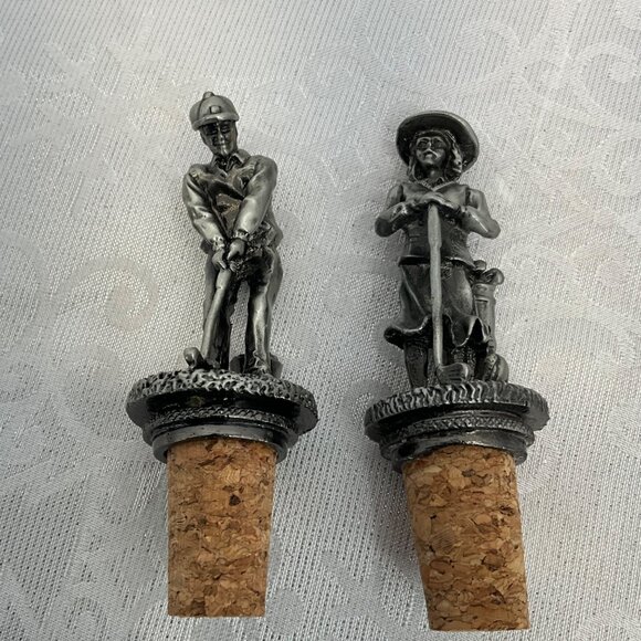 Vintage Pewter  Male Golfer & Female Golfer Themed Bottle Stoppers With Corks - Picture 1 of 6